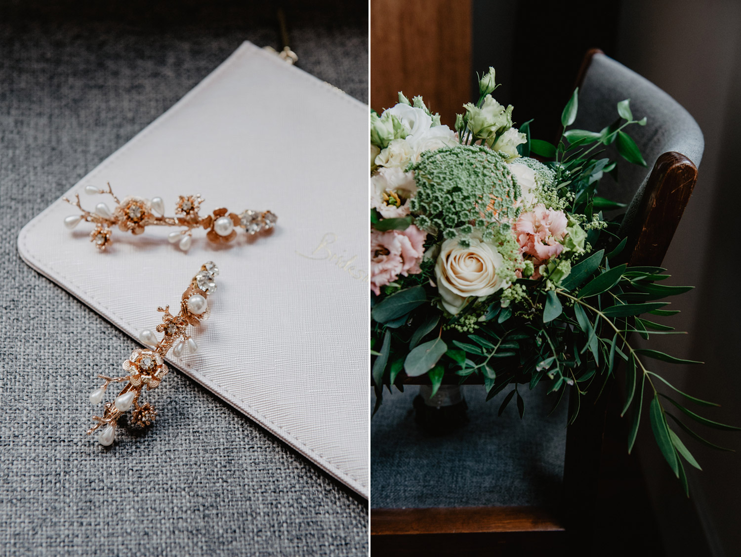 gold and pearl bridal hairpieces and meadow flower fern bouquet