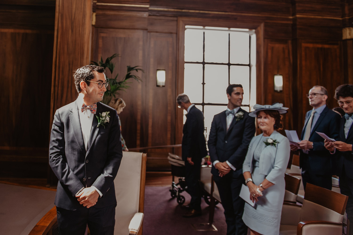 stoke newington town hall wedding groom waiting for bride walk down aisle