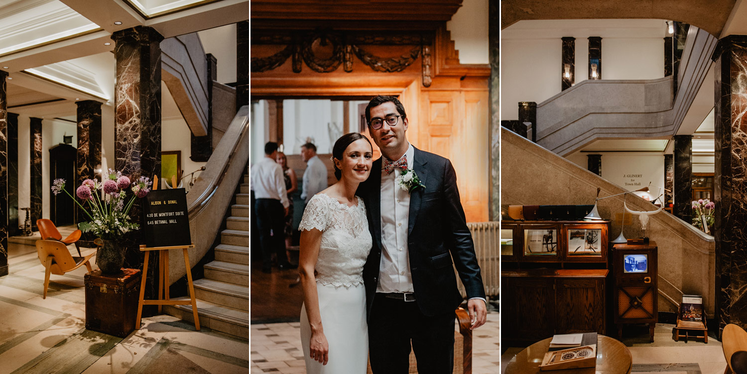 london town hall hotel wedding smiling boho bride and groom under cupola