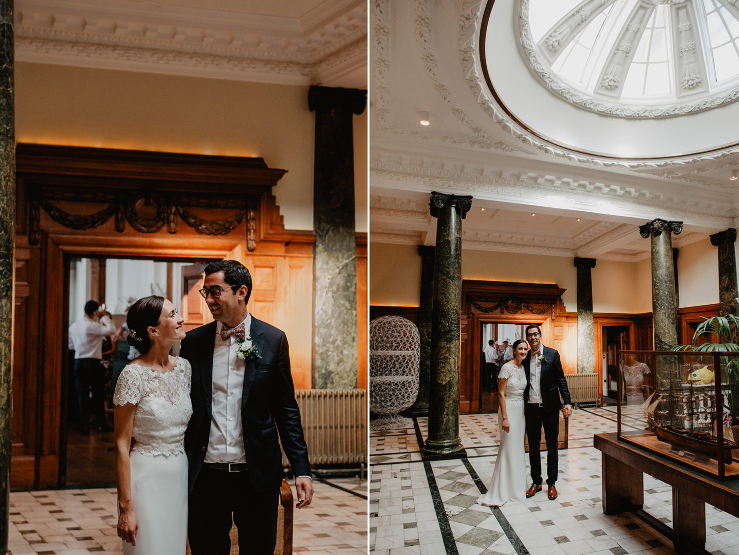 london town hall hotel wedding smiling boho bride and groom under cupola