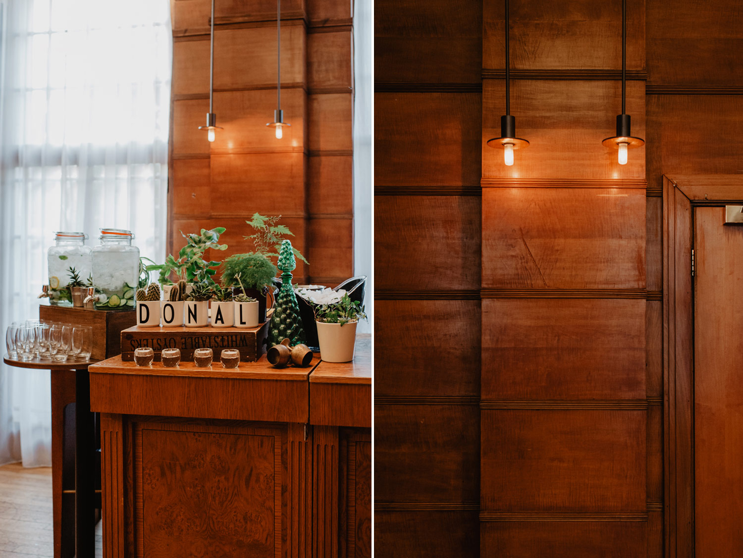 midcentury modern inspired wedding bar with grooms name letters on plant pots with cacti