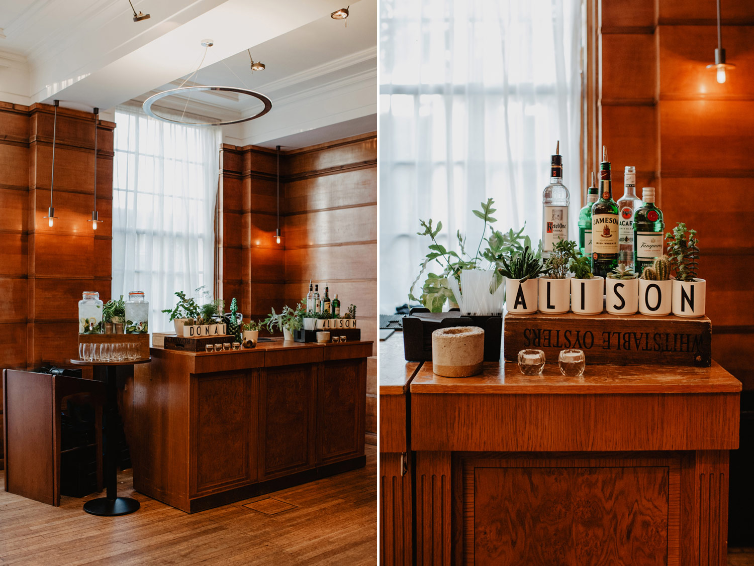 london town hall hotel wedding midcentury modern bar with cacti and succulents