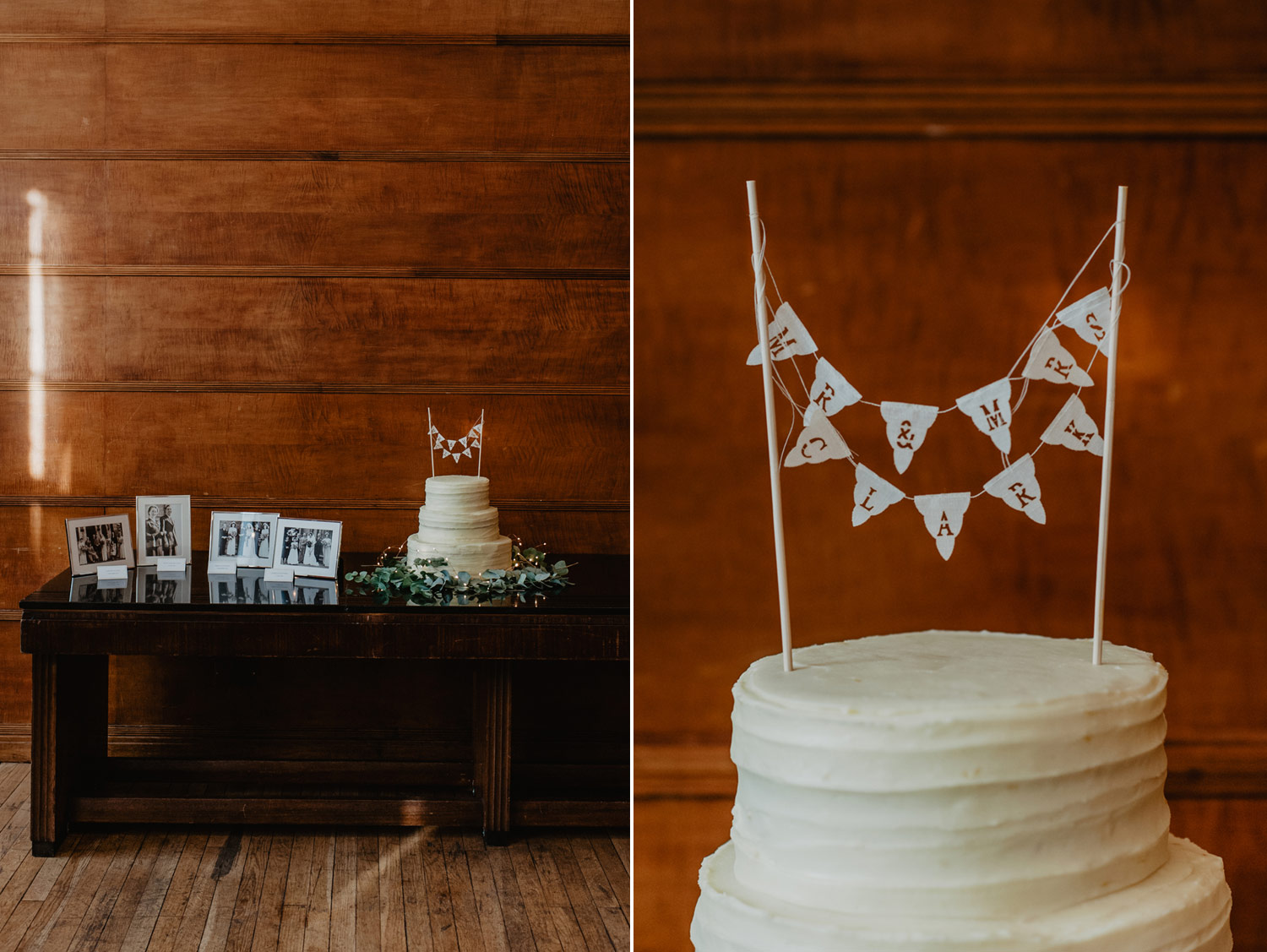 naked wedding cake with eucalyptus and fairy lights