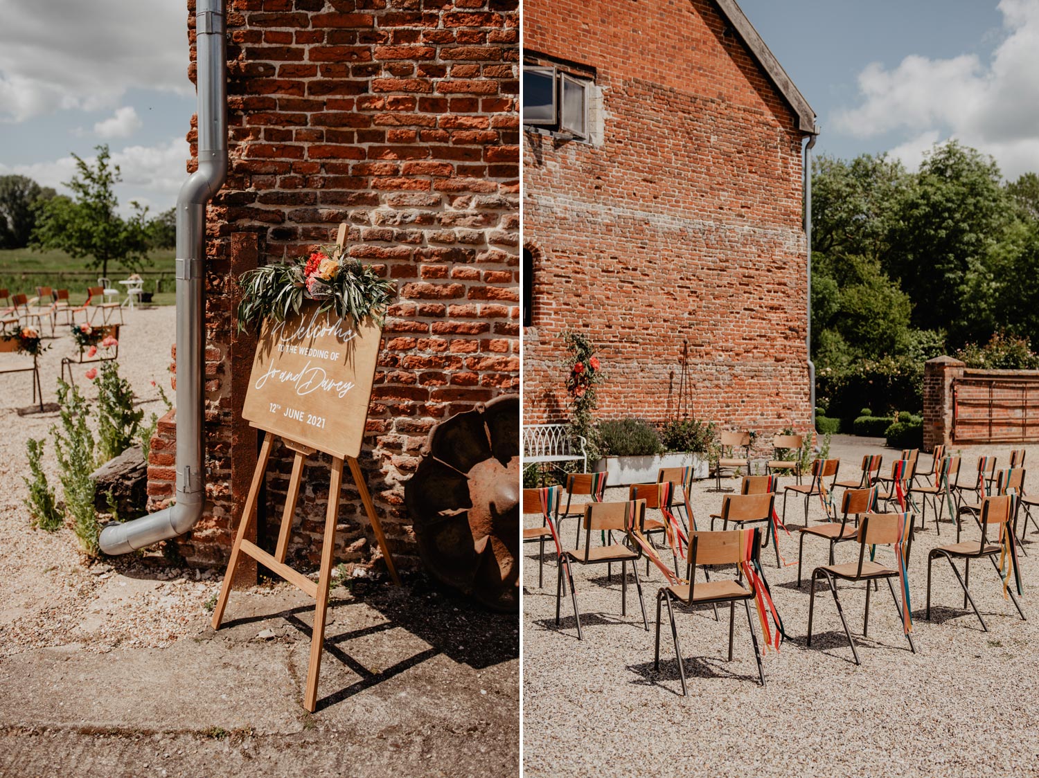 abbey hall eye suffolk wedding with vintage school chairs and ribbons for outdoor ceremony by anne schwarz photography