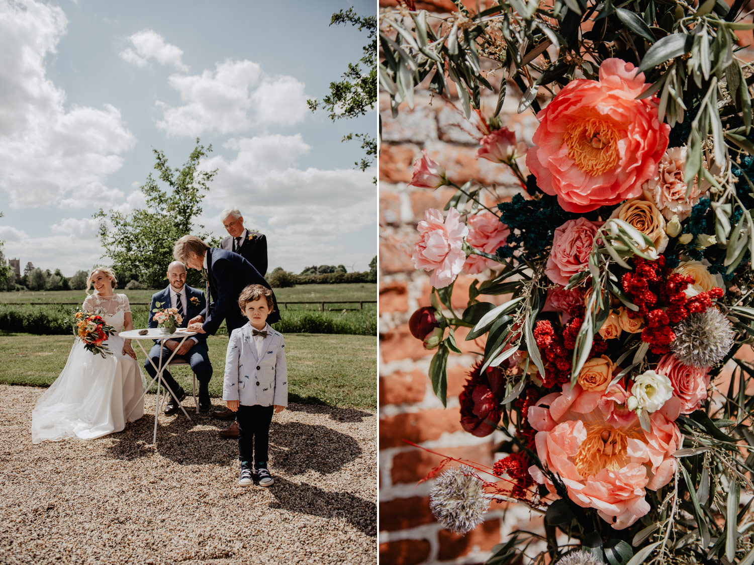 abbey hall eye suffolk wedding smiling bride walking down the aisle carrying a pink peony bouquet by anne schwarz photography