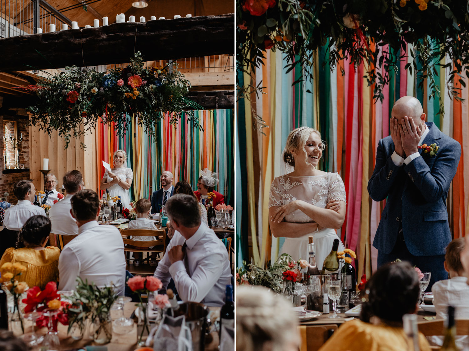 abbey hall eye suffolk wedding smiling bride walking down the aisle carrying a pink peony bouquet by anne schwarz photography