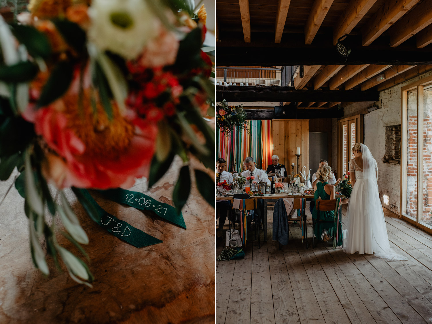 abbey hall eye suffolk wedding smiling bride walking down the aisle carrying a pink peony bouquet by anne schwarz photography