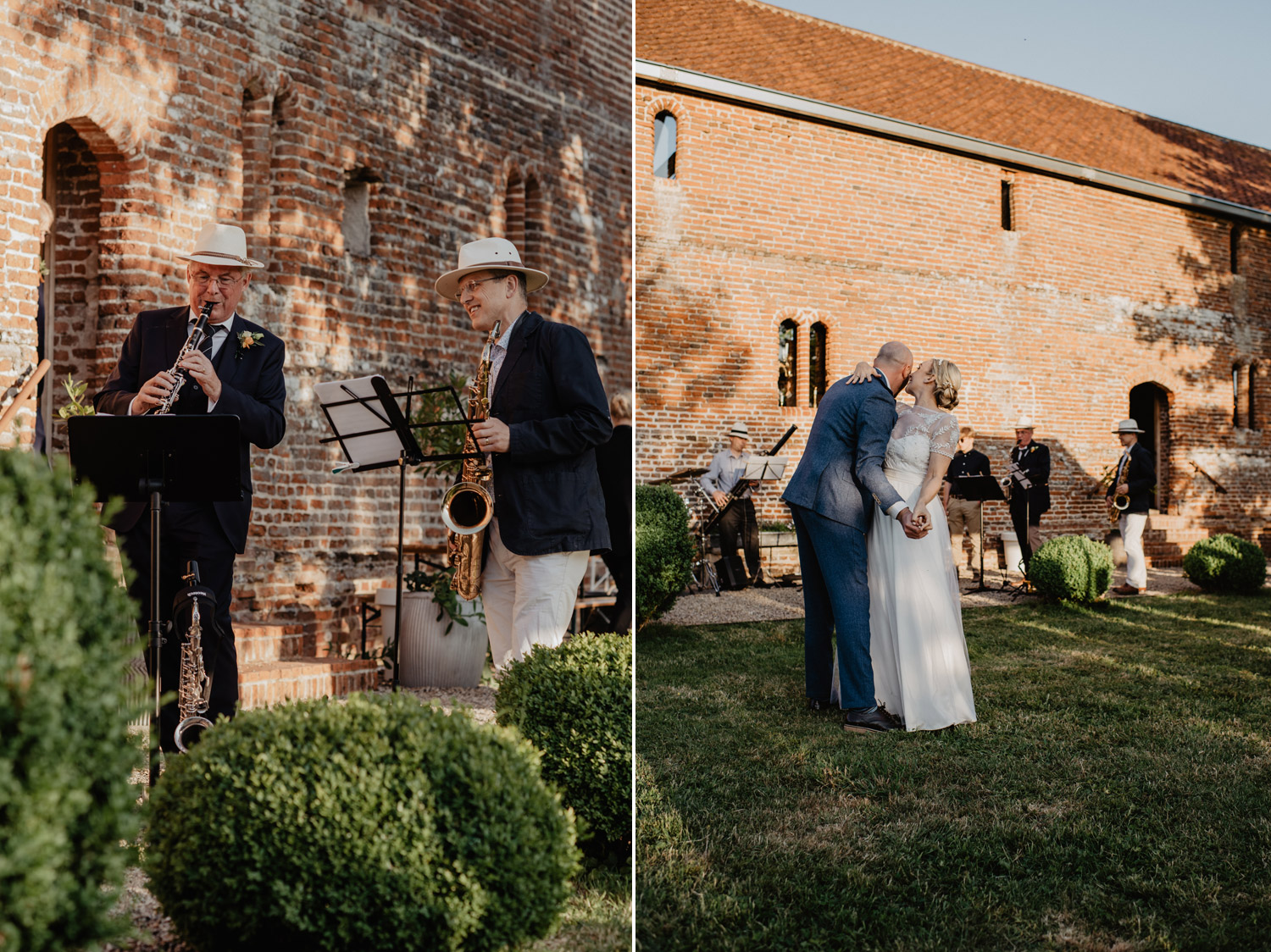 abbey hall eye suffolk wedding smiling bride walking down the aisle carrying a pink peony bouquet by anne schwarz photography